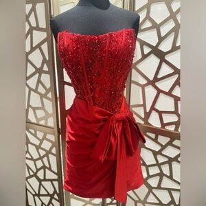 Red Bow Sequin Corset Short Dress
